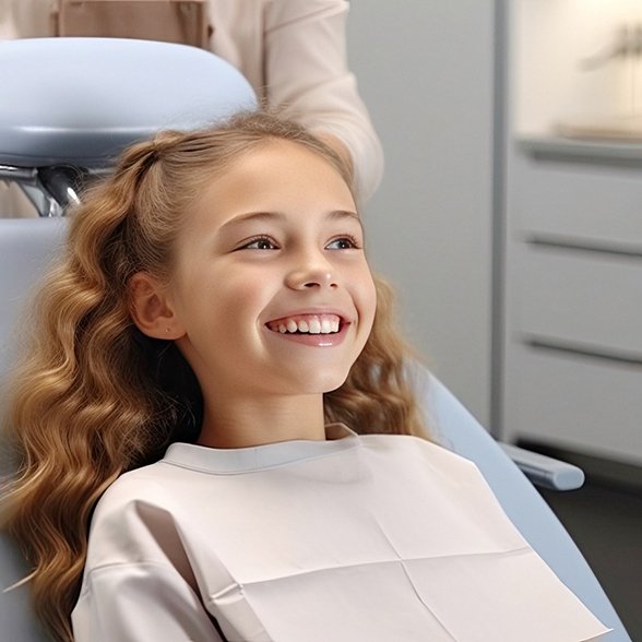 Happy young girl in dental treatment chair