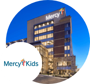 Mercy Kids hospital building and logo
